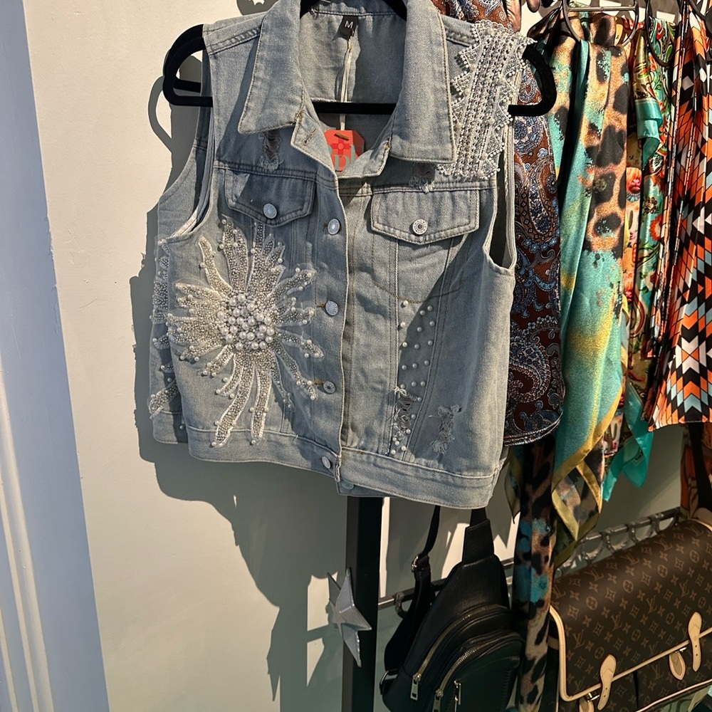 Embellished Denim Vest with Pearl Accents